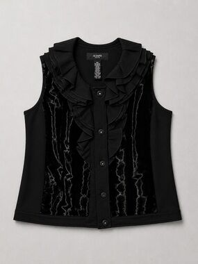 Alfani Black Ruffle-Front Velvet Panel Button-Down Top